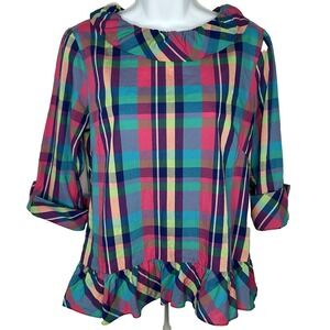 Sara Campbell Madras Plaid Blouse Size S Round Collar Peplum Ruffle Preppy